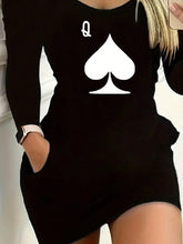 Playing Card Printed Fitted Long Sleeve Summer Dress, Women Clothing